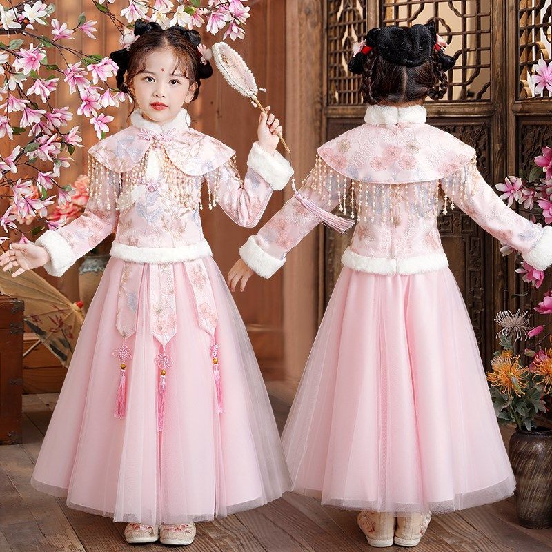 女童秋冬装加绒汉服套装儿童装2024新款冬季拜年服旗袍古装中国风