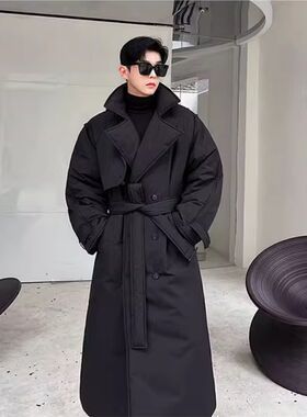 冬季暗黑系加厚长款羽绒棉服男小众腰带设计感韩版保暖过膝棉衣潮