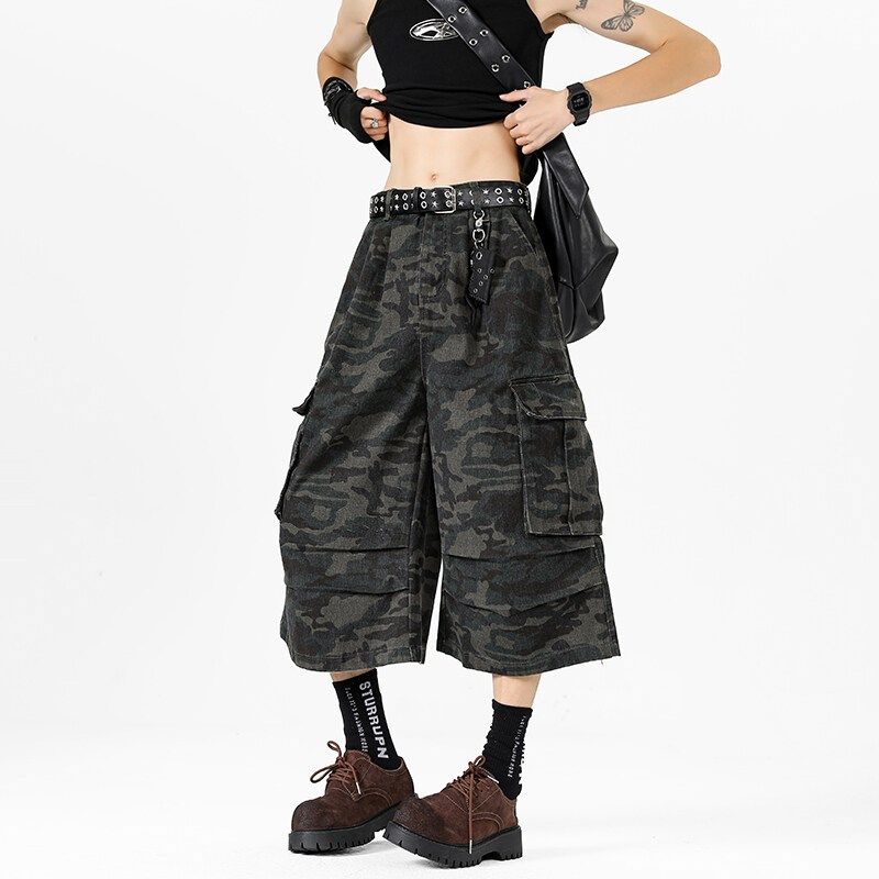 褶皱迷彩七分牛仔裤男款夏季美式大口袋工装短裤宽松直筒阔腿裤子,男装,短裤,淘宝优惠券,粉丝福利购,淘宝优惠卷