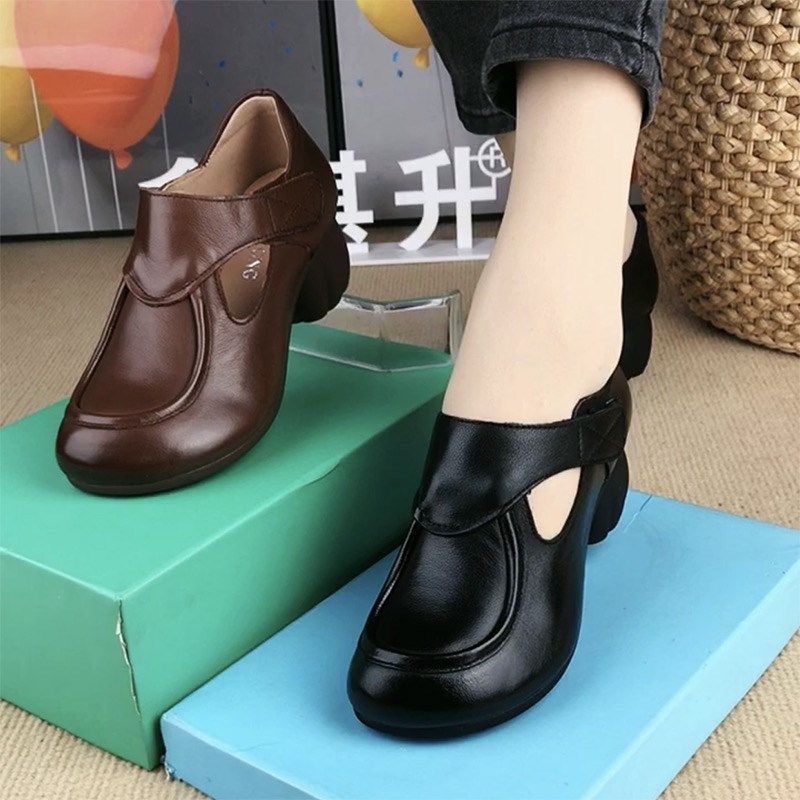 真皮单鞋女2024年春秋季新款圆头粗跟低跟女鞋牛皮妈妈鞋小皮鞋子,女鞋,深口单鞋,淘宝优惠券,粉丝福利购,淘宝优惠卷
