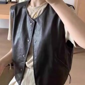 PU皮马甲女2025春秋设计感小众复古休闲百搭洋气无袖 坎肩马夹外套