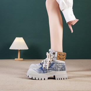 港风街拍帆布马丁靴女厚底2024秋冬新款 女靴中跟短靴女高帮帆布鞋