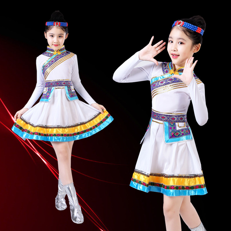 蒙族筷子舞出服装蒙古儿童表演服饰顶碗筷子舞女白色短款裙袍新品图片