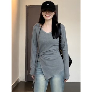 胖MM开叉修身 T恤女秋季 显瘦正肩上衣 纯欲不规则绑带收腰长袖 大码