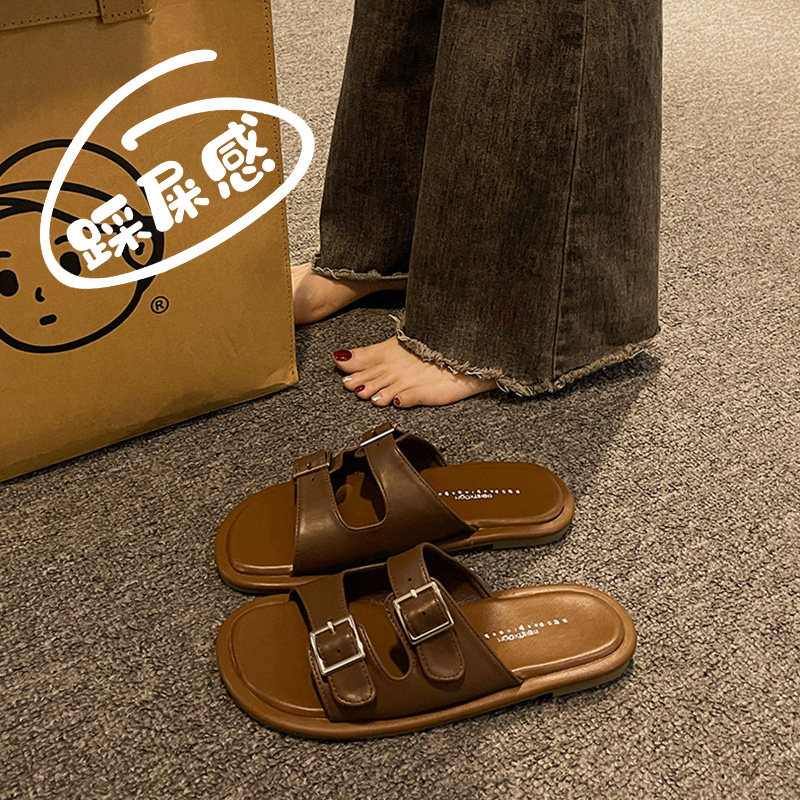 高级感外穿真皮拖鞋女2024新款夏季踩屎感凉拖美拉德平底孕妇凉鞋,女鞋,一字拖,淘宝优惠券,粉丝福利购,淘宝优惠卷
