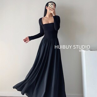 纯欲收腰长袖针织连衣裙女秋冬季赫本风黑色高级感拼接速干长裙