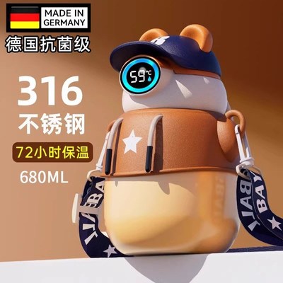 儿童水杯保温杯新款2024上学专用316不锈钢显示温度小号吸管水杯