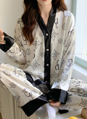 2023年新款春秋季冰丝睡衣女士长袖高级感LV领丝绸家居服两件套装
