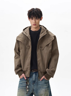 A PUEE美式复古巴恩风做旧座山雕连帽夹克潮boxy复古短款工装外套