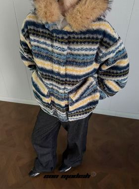 Eon Modish 25冬季New实拍美式街潮费尔岛羊羔毛连帽棉服外套