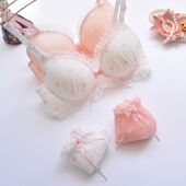 日系小清新波点网纱无钢圈薄模杯聚拢H学生少女可爱文胸套装 胸罩