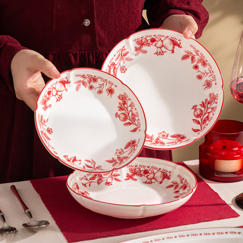 榴锦喜庆餐具套装结婚碗筷家用乔迁送礼碗碟釉中彩中式花卉盘子