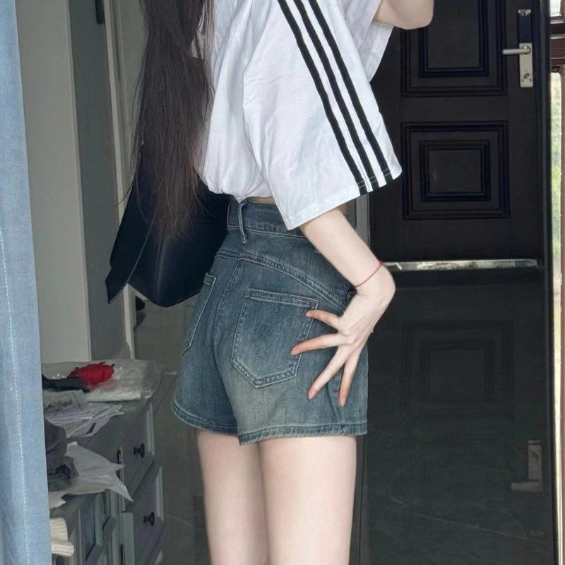 美式高腰紧身a字牛仔短裤女2024夏季新款辣妹显瘦直筒热裤小个子