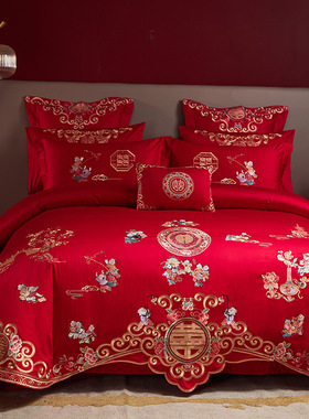 高档中式百子图刺绣婚庆四件套红色龙凤被套床单喜被Y结婚床上用