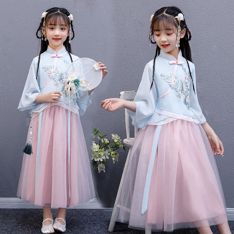 汉服改良版两件套上下套装女孩大童12岁现代夏季古装超仙女中国风