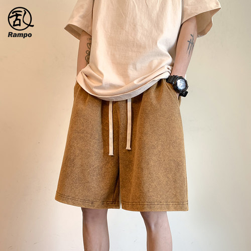 美式复古水洗咖啡色休闲短裤男潮夏季街头潮流百搭直筒宽松五分裤