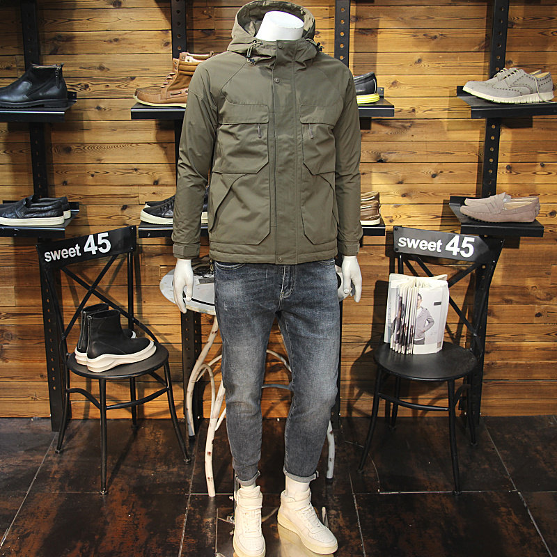 多口袋连帽铺棉外套外套冬季男士修身简约拼接兜二棉夹克防风保暖