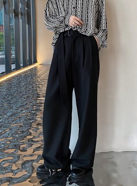 FEi黑色绑带西装长裤百搭款 垂感宽松休闲阔腿显瘦直筒拖地裤男女