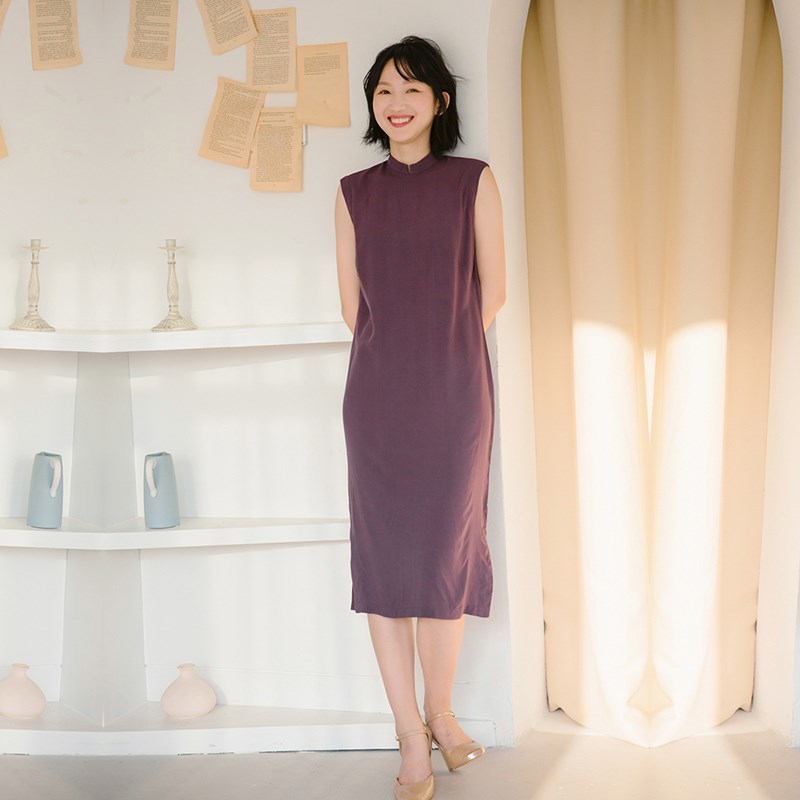 茉茉春夏季 无袖小立领套头改良日常纯色棉绸宽松旗袍连衣裙 苏叶