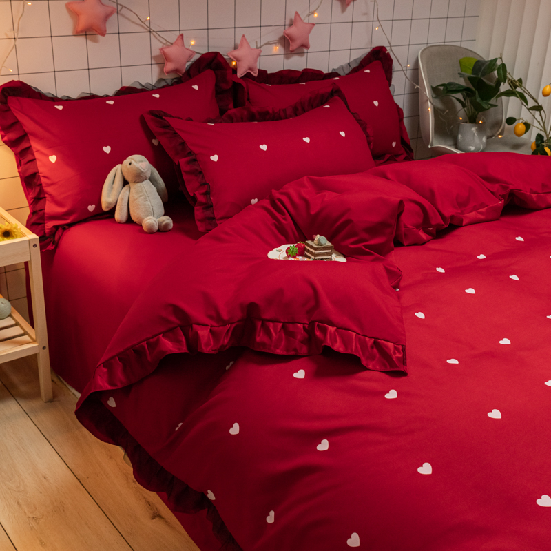 公主风纯棉床上用品四件套新婚A庆少女心大红色磨毛被套结婚床单