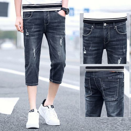 夏季弹力七分短裤男修身乞丐牛仔裤薄款中裤破洞7分裤子男士马裤