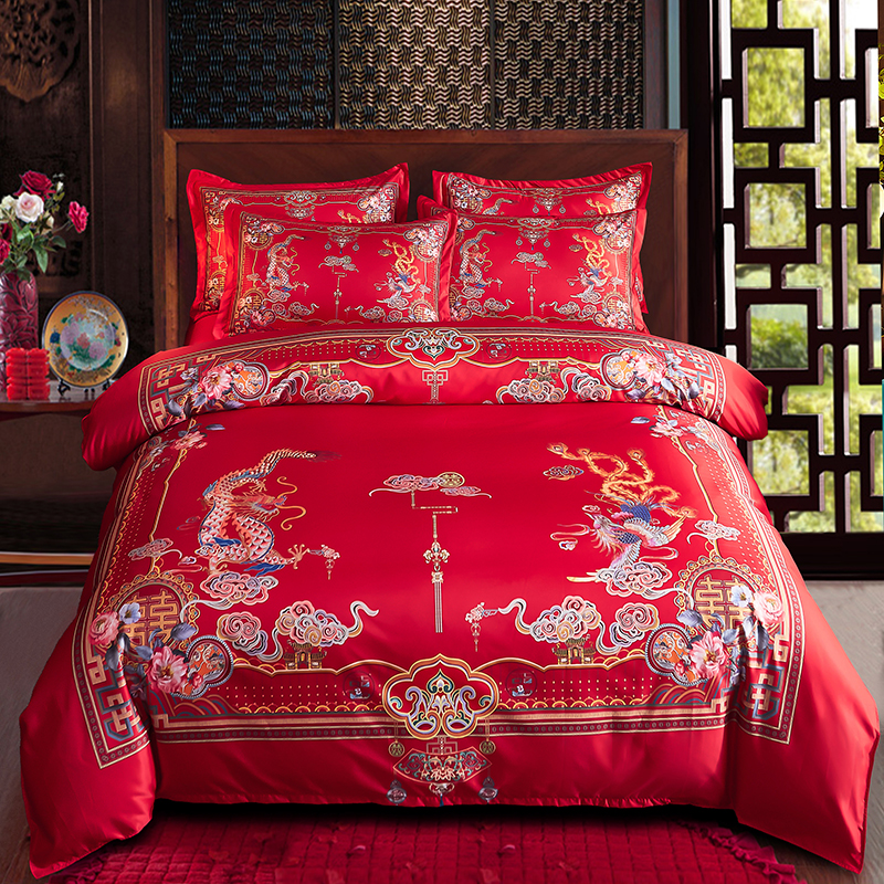 纯棉大红色婚庆四件组龙凤新w婚婚房床上用品结婚礼品全棉床单被