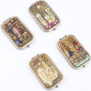 长方形折叠便携化妆镜法式复古城堡随身翻盖小镜子礼品赠品古风镜