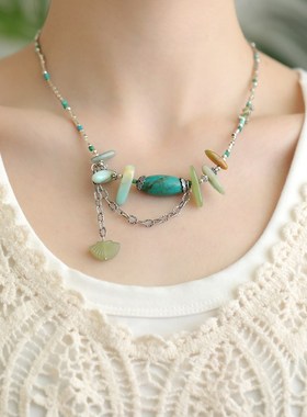 4.11清d货定制浮力!925银苍松翠柏松石和田玉扇子项炼约24g45+5cm