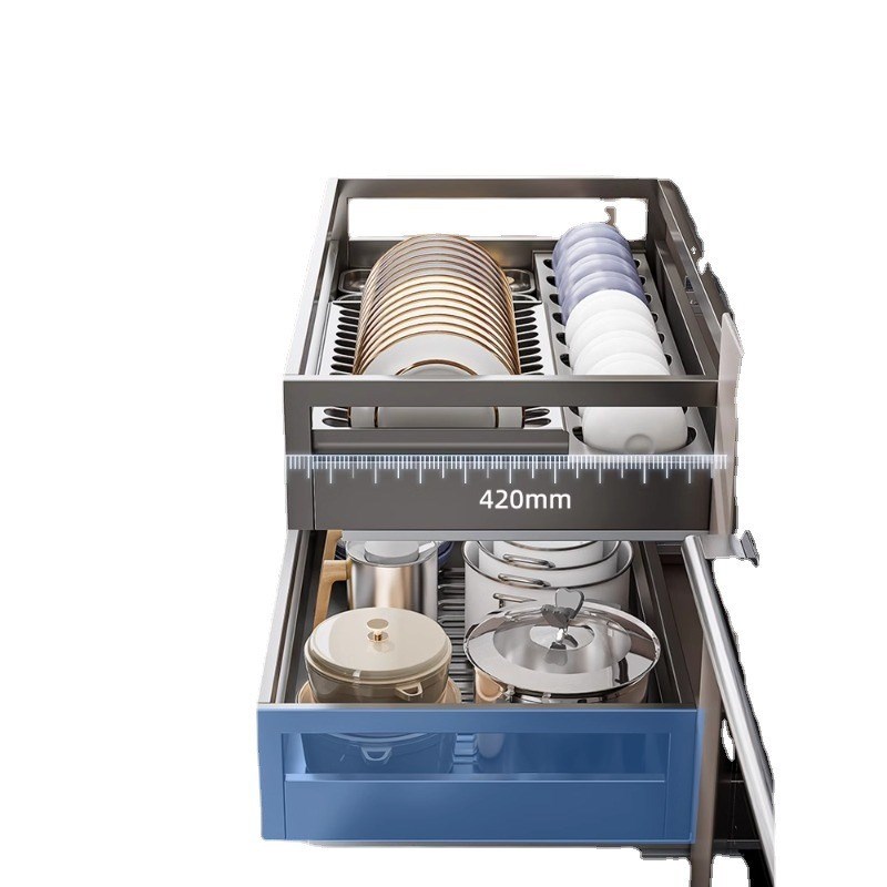 拉篮厨房橱柜30j4不锈钢双层抽屉式碗柜架收纳碗盘内置橱柜碗碟篮