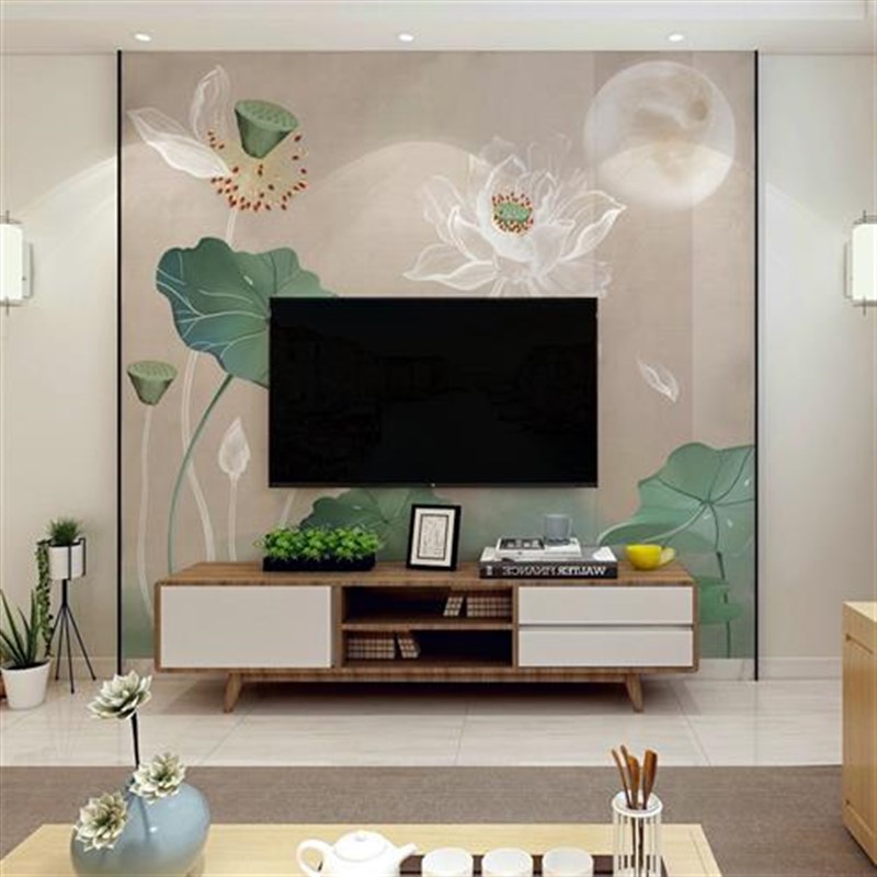 电视背景墙壁纸荷花墙纸s棋牌室墙布中式客厅民宿酒店卧室沙发壁