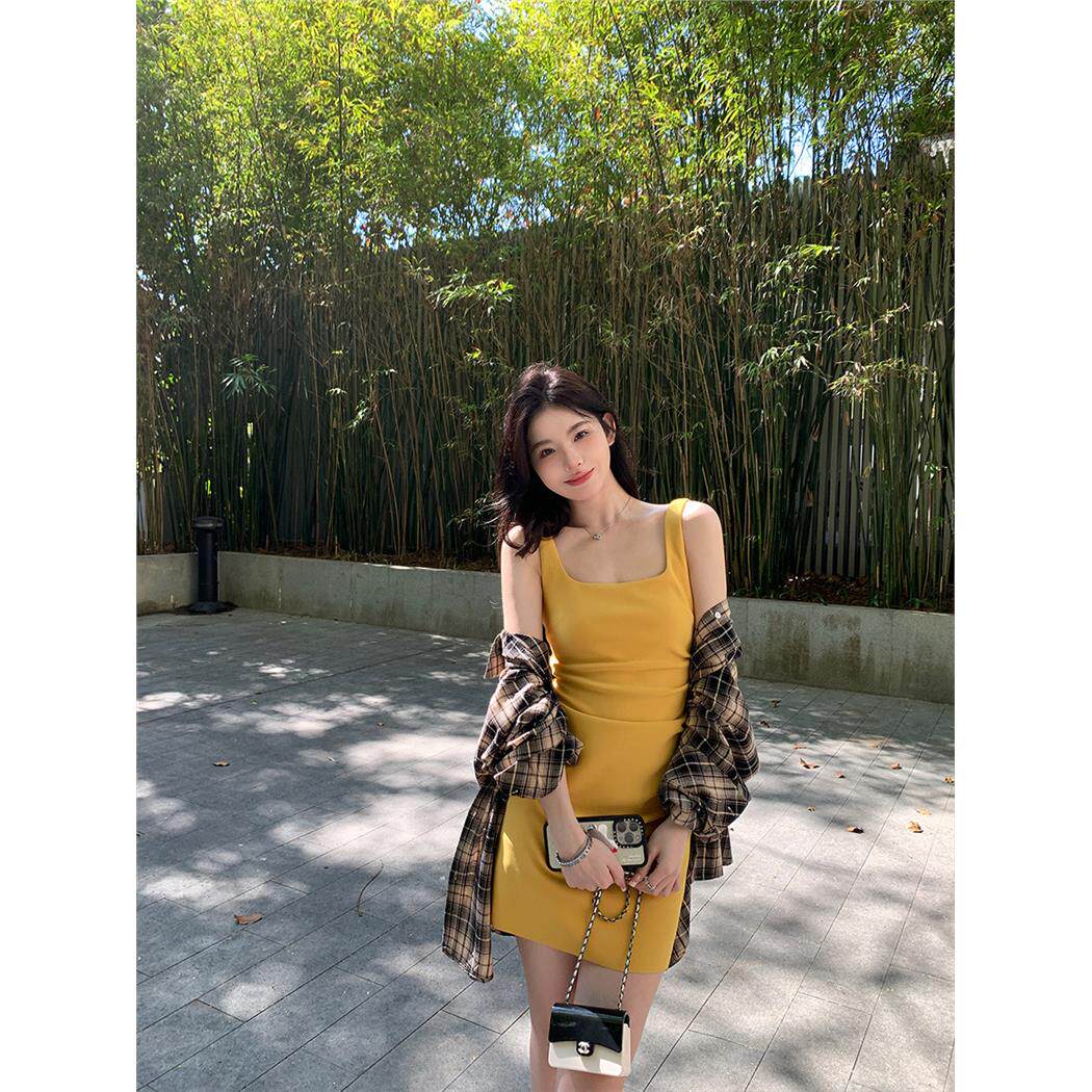 alex stevens肯豆方领褶皱收腰吊带洋装性感包臀裙女秋夏季裙子