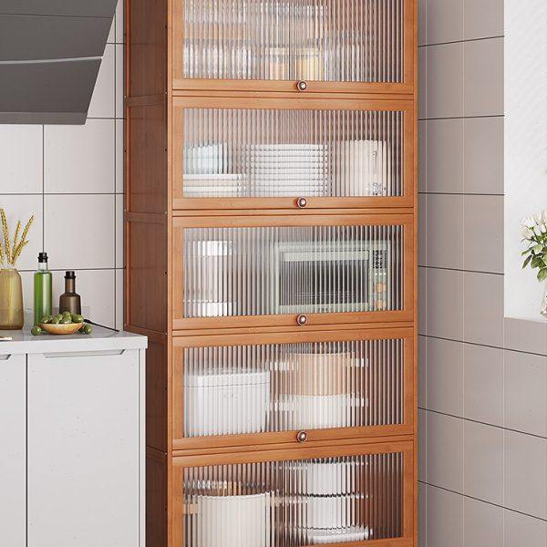 家用微波炉架子置物锅具收纳厨房农村翻板落地橱柜烤蒸箱碗柜实木