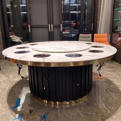 岩板电动大圆桌电磁炉一体12人16人火锅桌椅海鲜小吃店户外桌烧烤