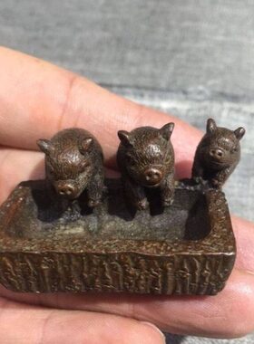 铜三只小猪摆件猪槽萌萌猪茶宠实心铜器家居办公茶道装饰工艺品