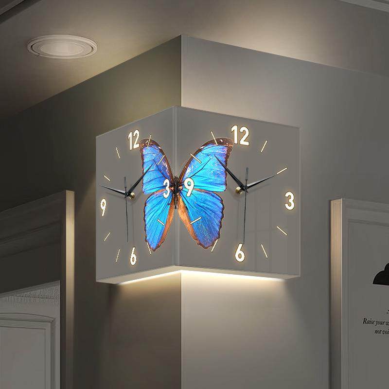 蝴蝶双面转角挂钟家用客厅墙面拐角夜光免打孔墙角壁钟led壁画灯,纺织面料/辅料/配套,纺织机械配件,淘宝优惠券,粉丝福利购,淘宝优惠卷