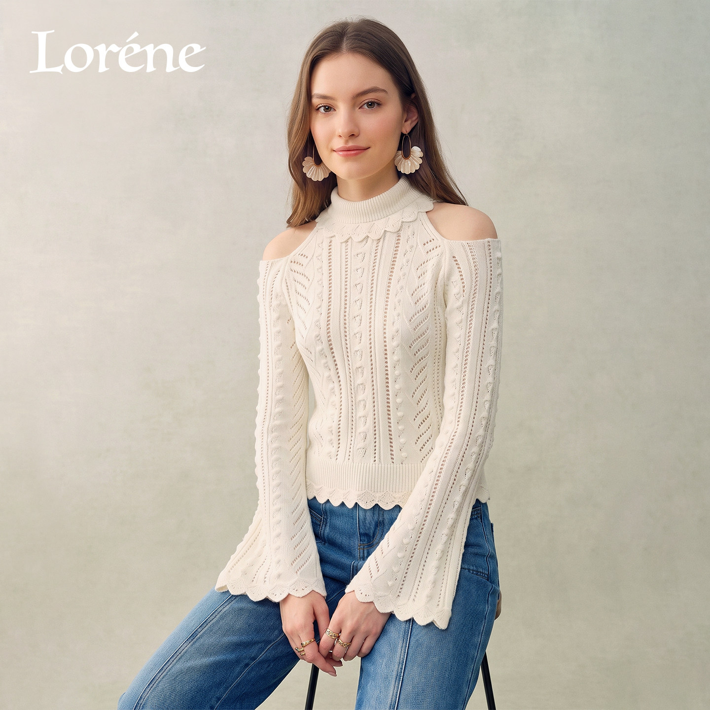Lorene毛衣女露肩费尔岛针织衫