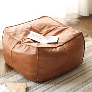 FX复古真皮头层牛皮方形懒人豆袋北欧中古角落卧室沙发房间脚踏凳