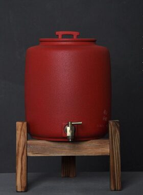 台湾火山石带龙头粗陶大号红色水缸净化储水器家用过滤陶瓷储水罐
