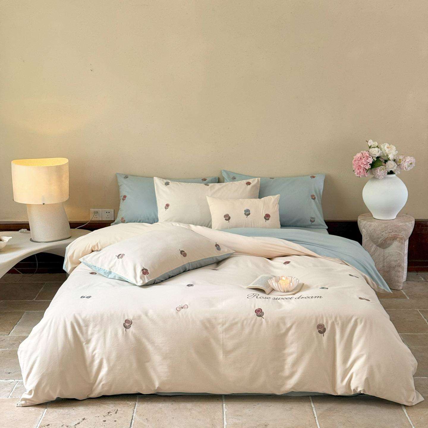 秋冬50支全棉磨毛绣花四件套小清新少女心床上用品保暖被套床单
