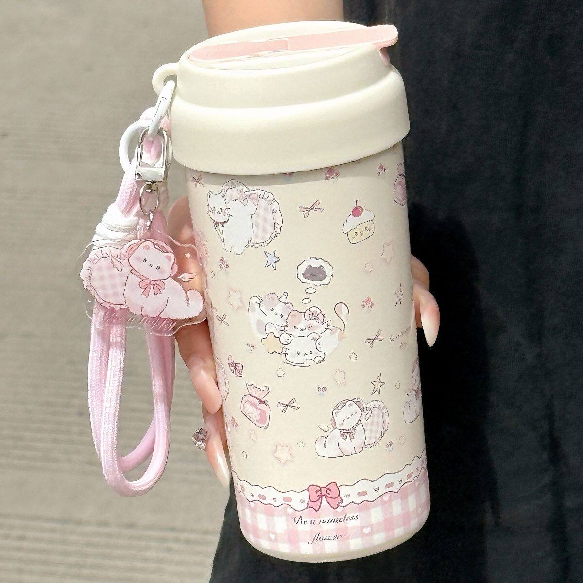 小猫保温杯女生高颜值2025新款学生吸管咖啡杯子外出便携儿童水杯
