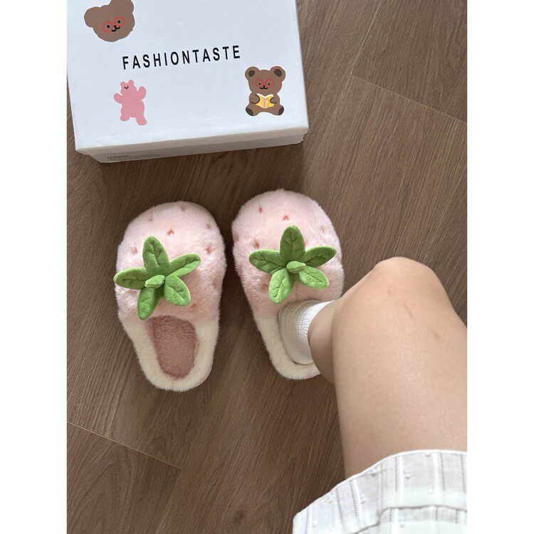 可爱草莓棉拖鞋毛绒2025新款女秋冬季家居室内保暖加绒加厚外穿