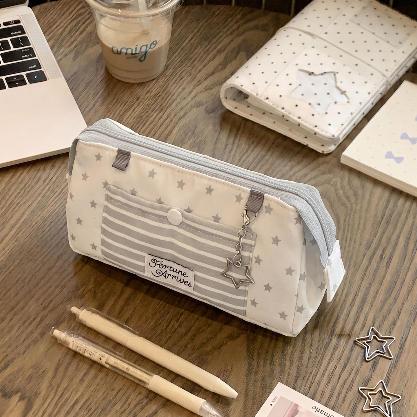 星星条纹笔袋女孩款小众可爱韩系文具盒学生大容量简约布艺文具袋