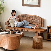 老榆木罗汉床实木躺椅老门板雕花沙发椅禅意中式 贵妃榻复古民宿家