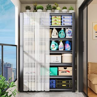 阳台置物架防尘带遮挡帘货架家用落地多层铁艺架子杂物钢制收纳架