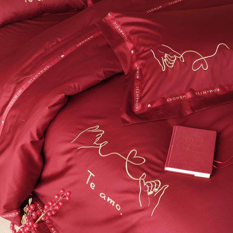 红色婚庆100支长绒棉四件套简约刺绣被套全棉结婚床上用品1.8米,特色手工艺,其他特色工艺品,淘宝优惠券,粉丝福利购,淘宝优惠卷