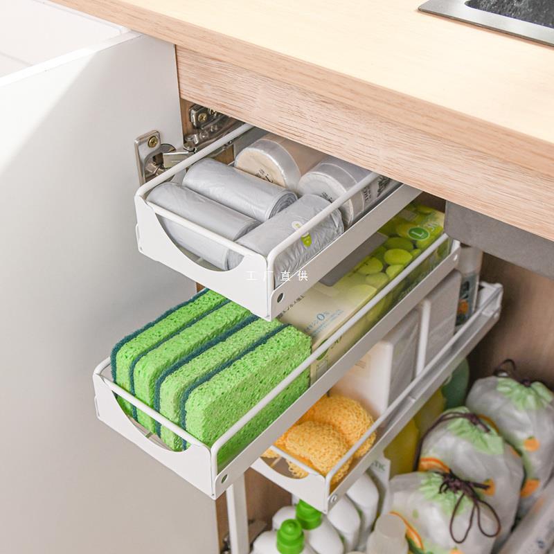 免打孔侧装厨房抽屉拉篮置物架壁挂窄柜储物橱柜水槽下拉式收纳盒
