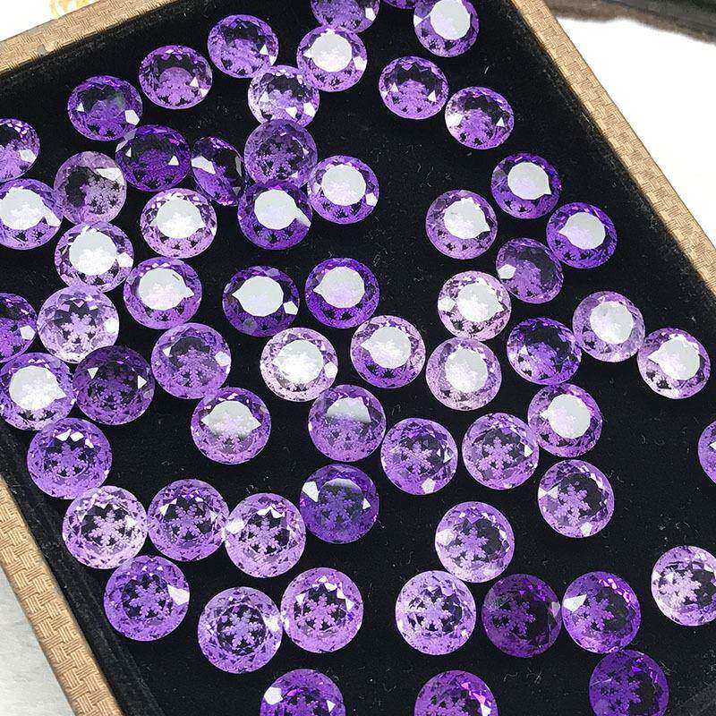 紫水晶白水晶纯手工雪花雕刻圆形多边形裸石装饰可代镶嵌饰品