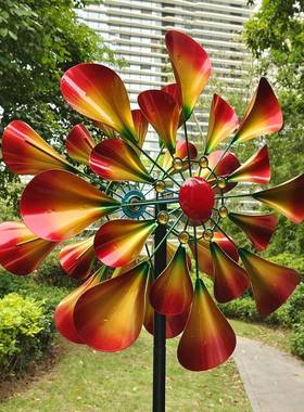 户外红金双层喇叭大风车花园草坪景观布置金属工艺品旋转风车摆件