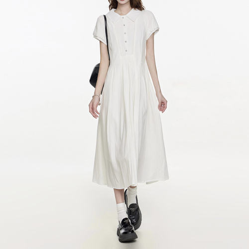 白色短袖连衣裙女2026夏季新款小个子韩版polo温柔风收腰显瘦长裙