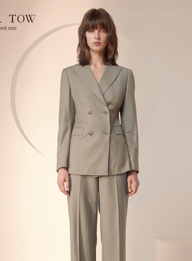 VER TOW张婧仪/宣萱同款 奶咖色条纹职业西装套装 羊毛西服外套